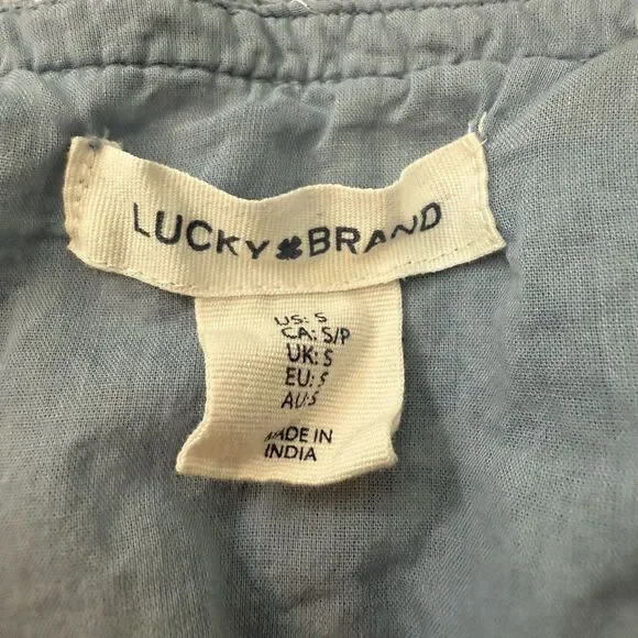 Lucky Brand Lace Trim Ruffle Shoulder Flounce Floral Mini Dress Blue White Small - Picture 5 of 10